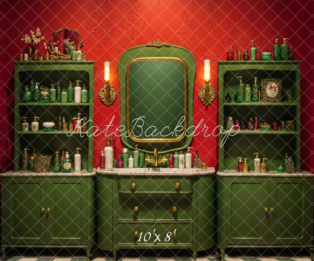 Kate Vintage Badezimmer Schränke Spiegel Rot Hintergrund Entworfen von Emetselch - Kate Backdrop.de