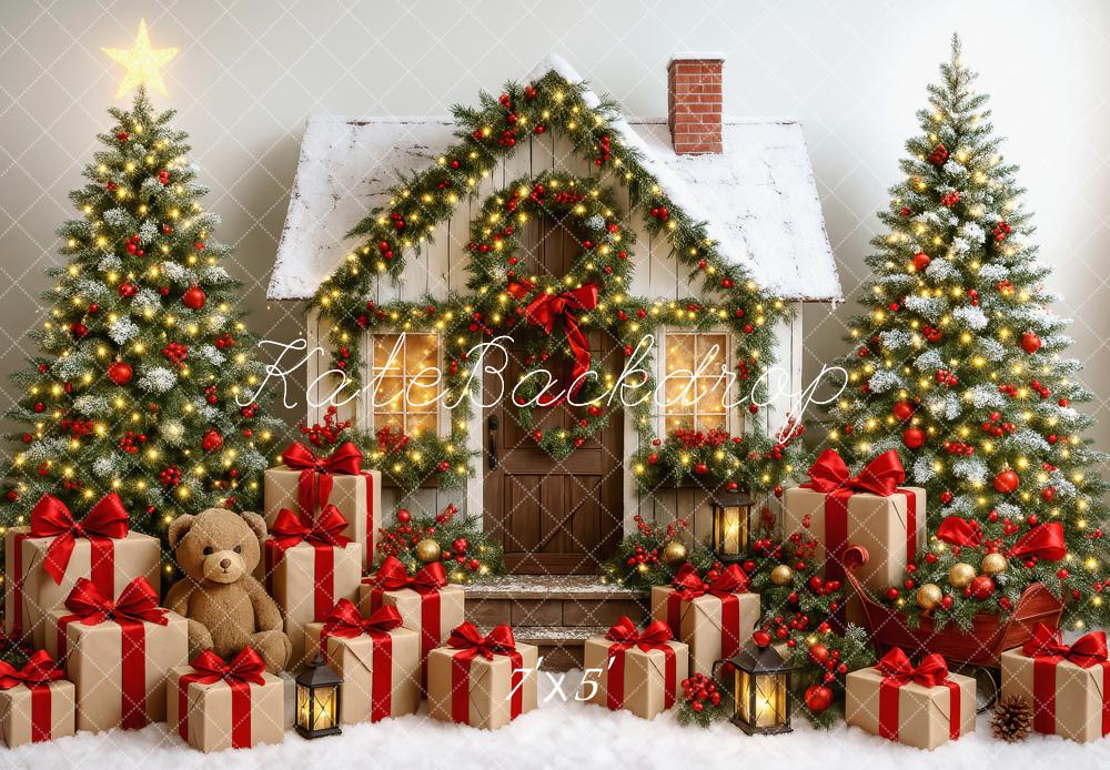 Kate Weihnachten Haus Geschenkboxen Weihnachtsbäume Hintergrund Entworfen von Patty Roberts - Kate Backdrop.de
