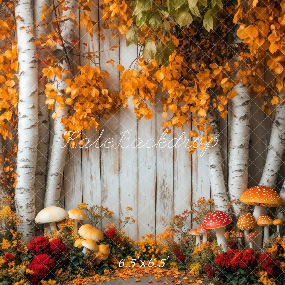 Kate Herbst Birkenstämme Pilze Orange Hintergrund Entworfen von Patty Roberts - Kate Backdrop.de