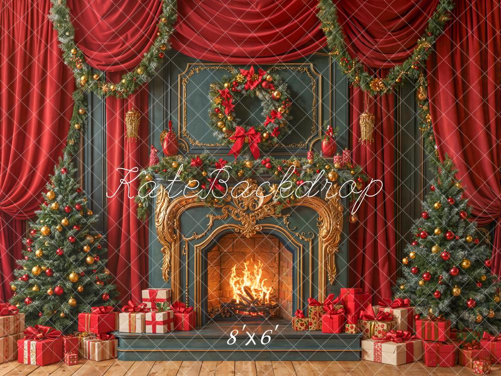 Kate Weihnachten Kamin Weihnachtsbaum Rot Fleece Hintergrund Entworfen von Emetselch - Kate Backdrop.de