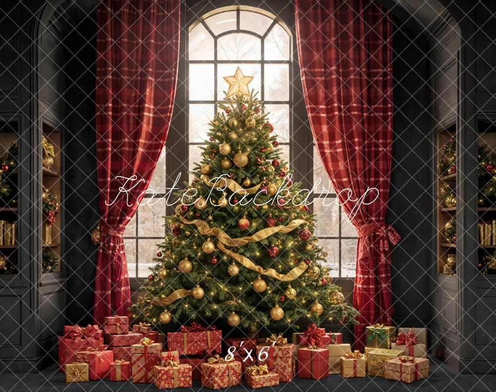 Kate Weihnachten Weihnachtsbaum Geschenke Fenster Rot Fleece Hintergrund Entworfen von Emetselch - Kate Backdrop.de