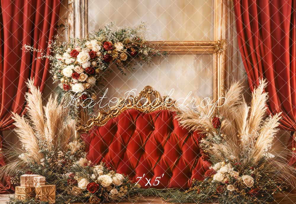 Kate Weihnachten Goldrahmen Rote Vorhänge Blumen Hintergrund Entworfen von Emetselch - Kate Backdrop.de