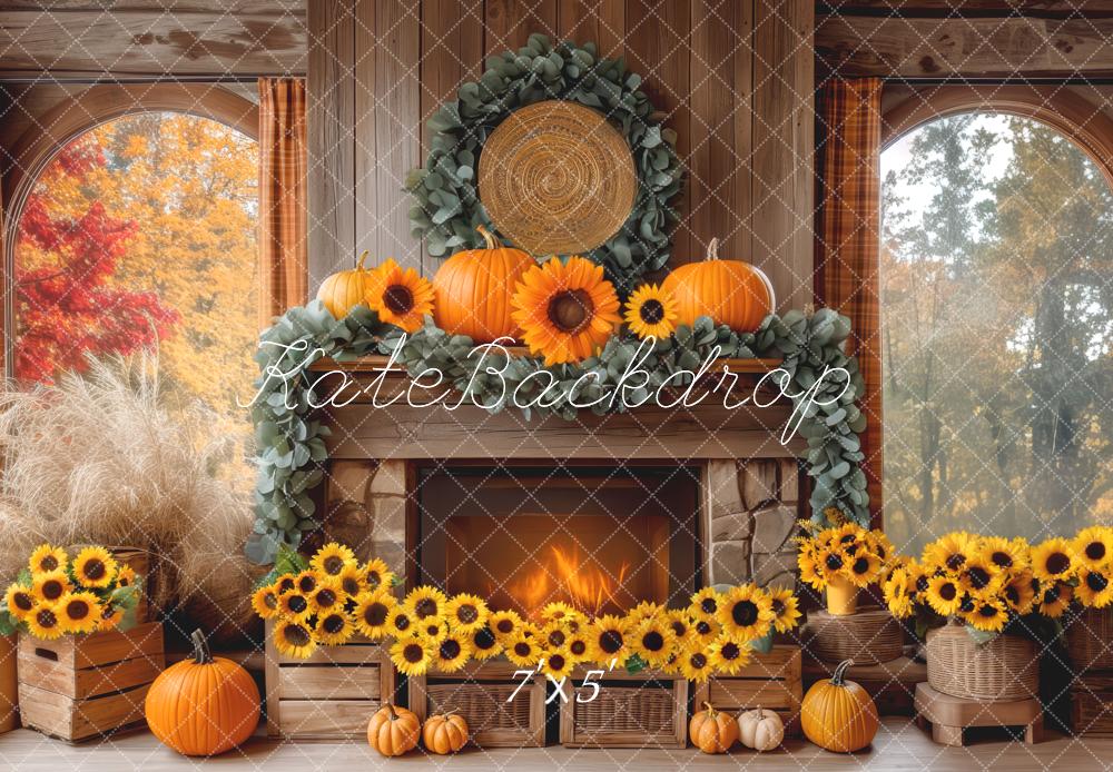 Kate Herbst Kamin Sonnenblumen Kürbisse Hintergrund Entworfen von Mini MakeBelieve - Kate Backdrop.de