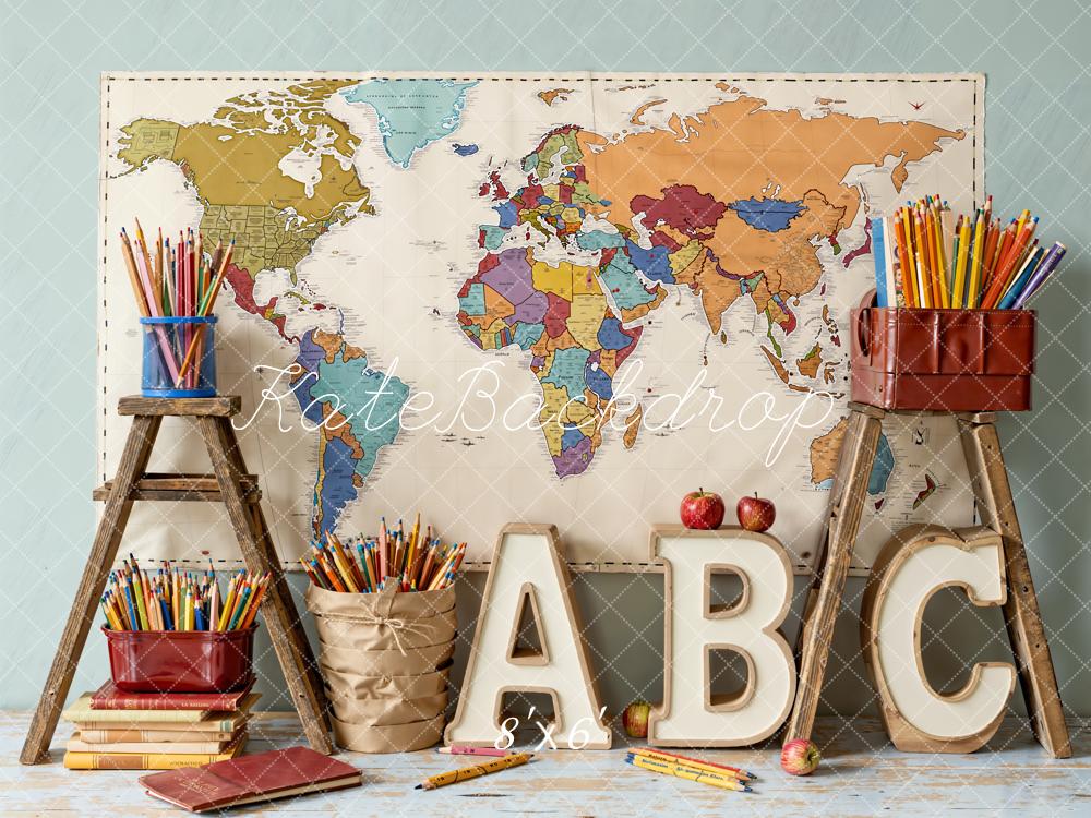 Kate Zurück Zur Schule Weltkarte Buchstaben Vintage Fleece Hintergrund Entworfen von Emetselch - Kate Backdrop.de