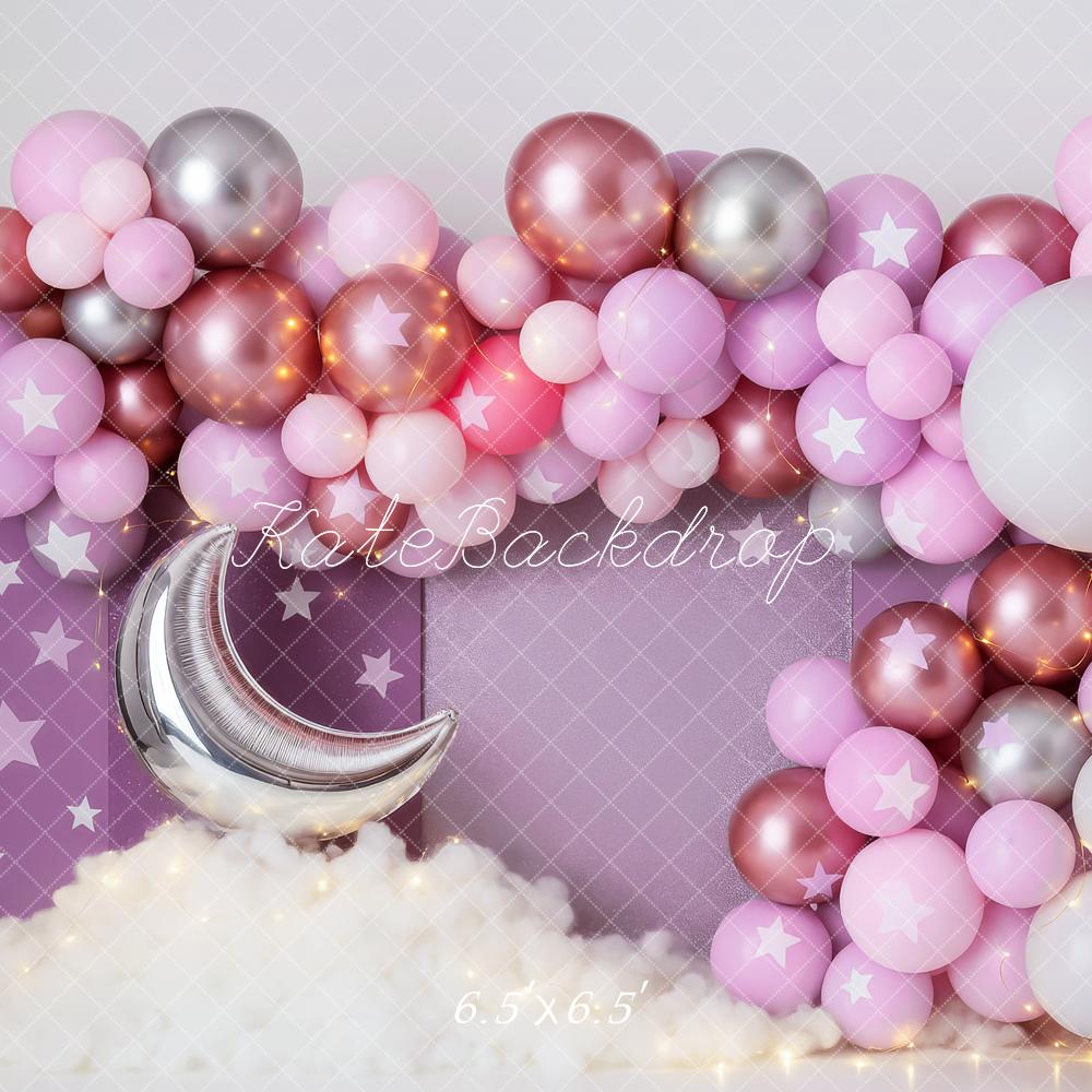 Kate Geburtstag Ballonbogen Mond Sterne Rosa Hintergrund Entworfen von Patty Roberts - Kate Backdrop.de