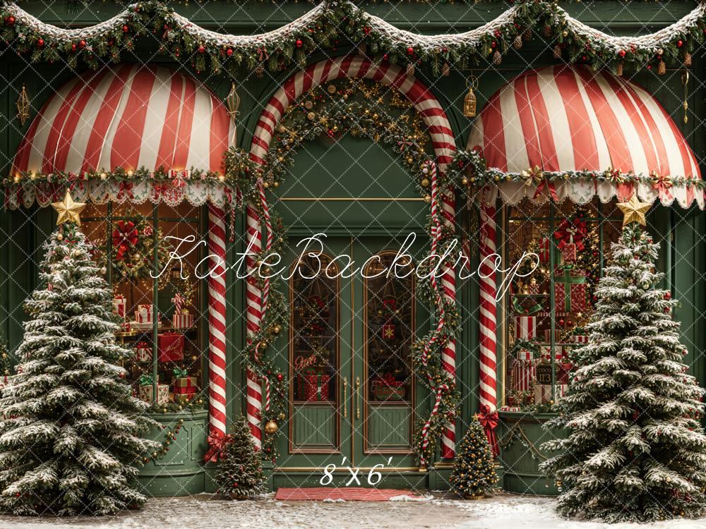 Kate Weihnachten Schaufenster Zuckerstangen Grün Fleece Hintergrund Entworfen von Emetselch - Kate Backdrop.de