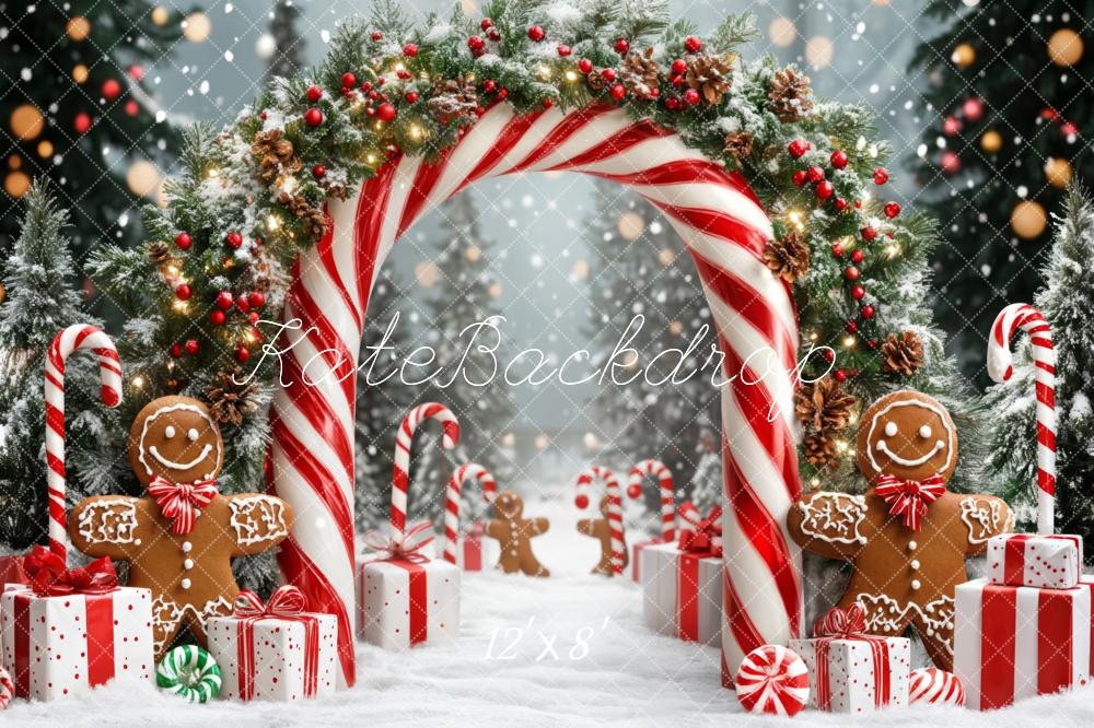 Kate Weihnachten Zuckerstangen Bogen Lebkuchenhaus Fleece Hintergrund Entworfen von Emetselch - Kate Backdrop.de
