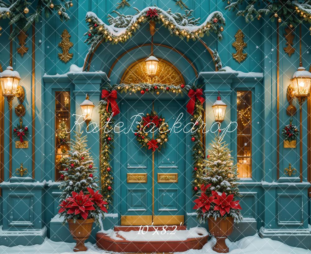 Kate Weihnachten Blaue Tür Kranz Schnee Hintergrund Entworfen von Emetselch - Kate Backdrop.de