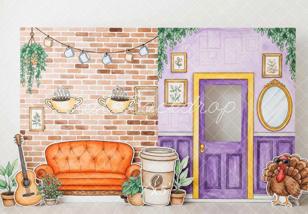 Kate Herbst Wohnzimmer Backsteinwand Lila Tür Hintergrund Entworfen von Patty Roberts - Kate Backdrop.de