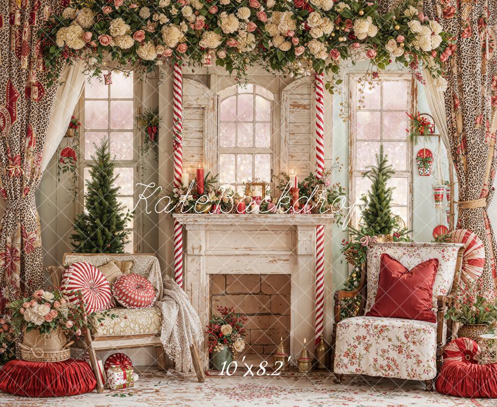 Kate Weihnachten Kamin Fenster Blumen Vintage Hintergrund Entworfen von Emetselch - Kate Backdrop.de