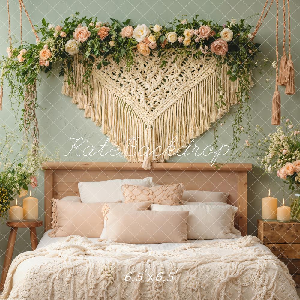 Kate Boho Schlafzimmer Makramee Blumen Creme Hintergrund Entworfen von Emetselch - Kate Backdrop.de