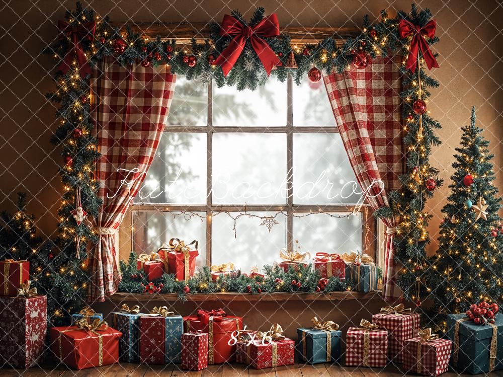 Kate Weihnachten Fenster Geschenke Tannenzweige Fleece Hintergrund Entworfen von Emetselch - Kate Backdrop.de