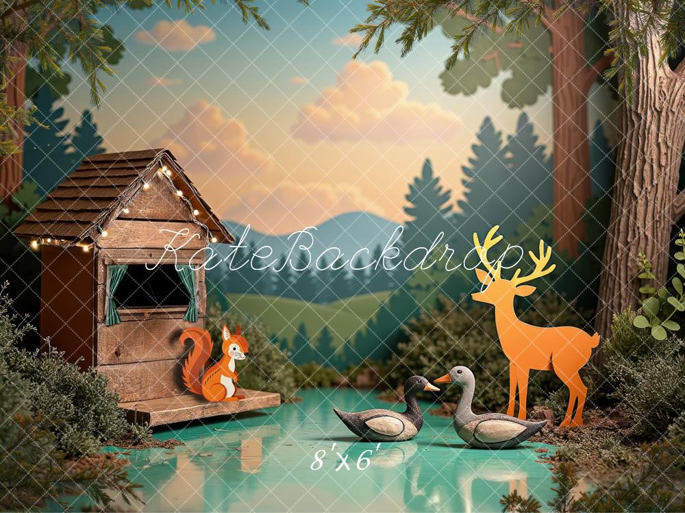 Kate Wald Holzhaus Tiere Illustrativ Hintergrund Entworfen von Laura Bybee