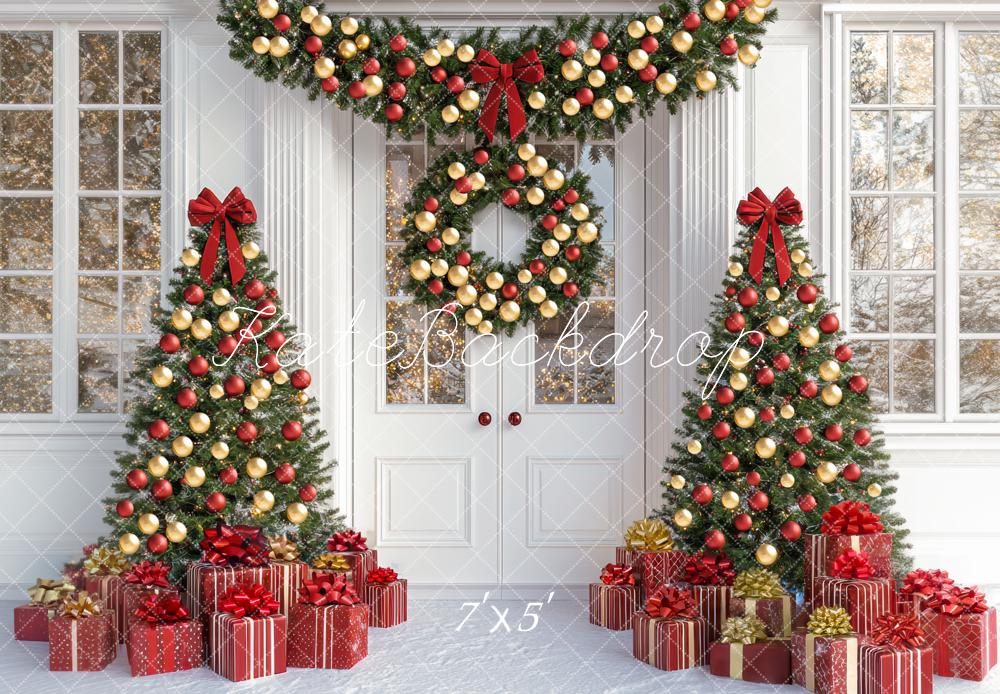 Kate Weihnachten Tannen Geschenke Weiß Hintergrund Entworfen von Mini MakeBelieve - Kate Backdrop.de