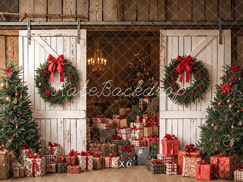 Kate Weihnachten Geschenke Tannenbäume Scheunentor Fleece Hintergrund Entworfen von Emetselch - Kate Backdrop.de