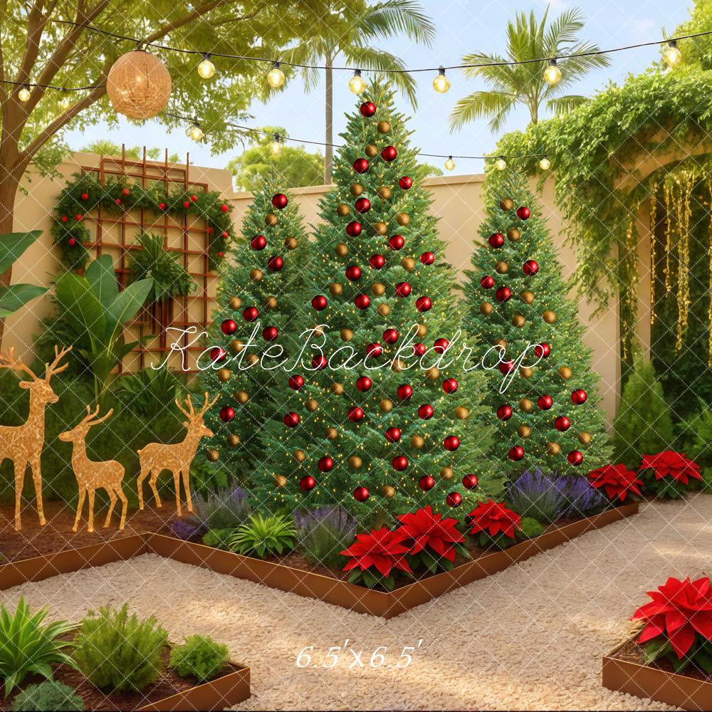 Kate Weihnachten Garten Tannenbäume Rot Hintergrund Entworfen von Mini MakeBelieve - Kate Backdrop.de