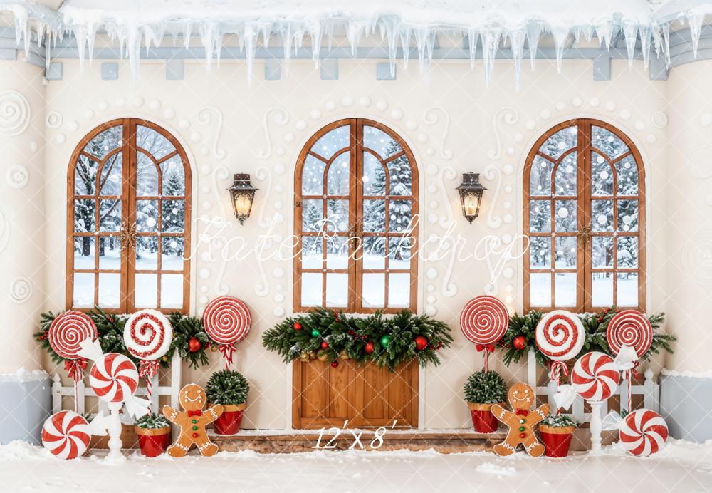 Kate Weihnachten Lebkuchenhaus Zuckerstangen Fenster Fleece Hintergrund Entworfen von Emetselch
