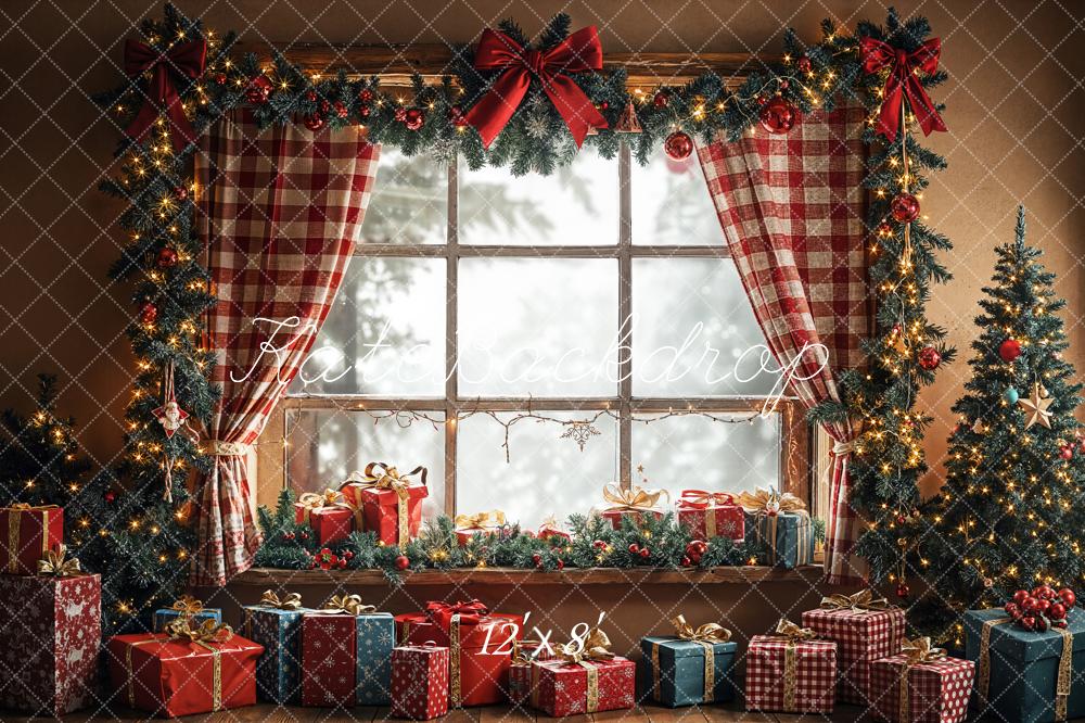 Kate Weihnachten Fenster Geschenke Tannenzweige Fleece Hintergrund Entworfen von Emetselch - Kate Backdrop.de