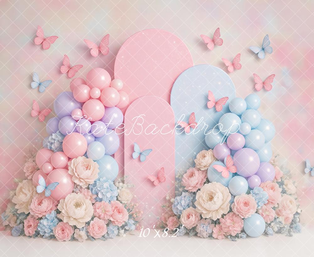Kate Geburtstag Ballons Blumen Schmetterlinge Pastell Hintergrund Entworfen von Ashley Paul - Kate Backdrop.de