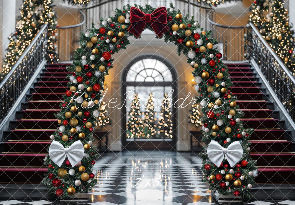 Kate Weihnachten Bogen Treppe Rot Gold Hintergrund Entworfen von Mini MakeBelieve - Kate Backdrop.de