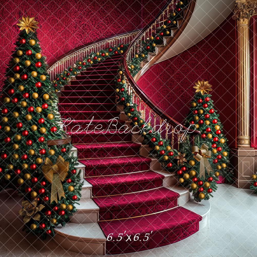 Kate Weihnachten Treppe Weihnachtsbaum Rot Hintergrund Entworfen von Mini MakeBelieve - Kate Backdrop.de