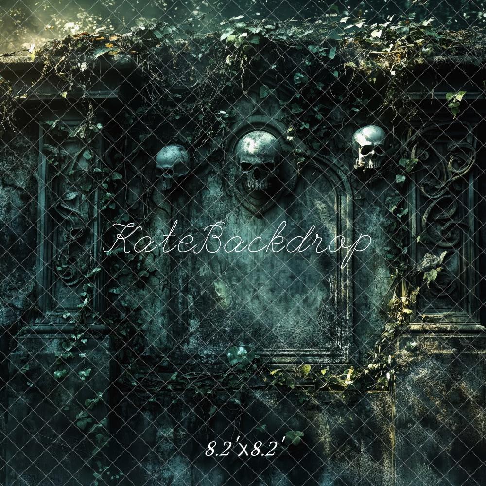 Kate Halloween Schädel Steinwand Dunkel Hintergrund Entworfen von Patty Roberts - Kate Backdrop.de