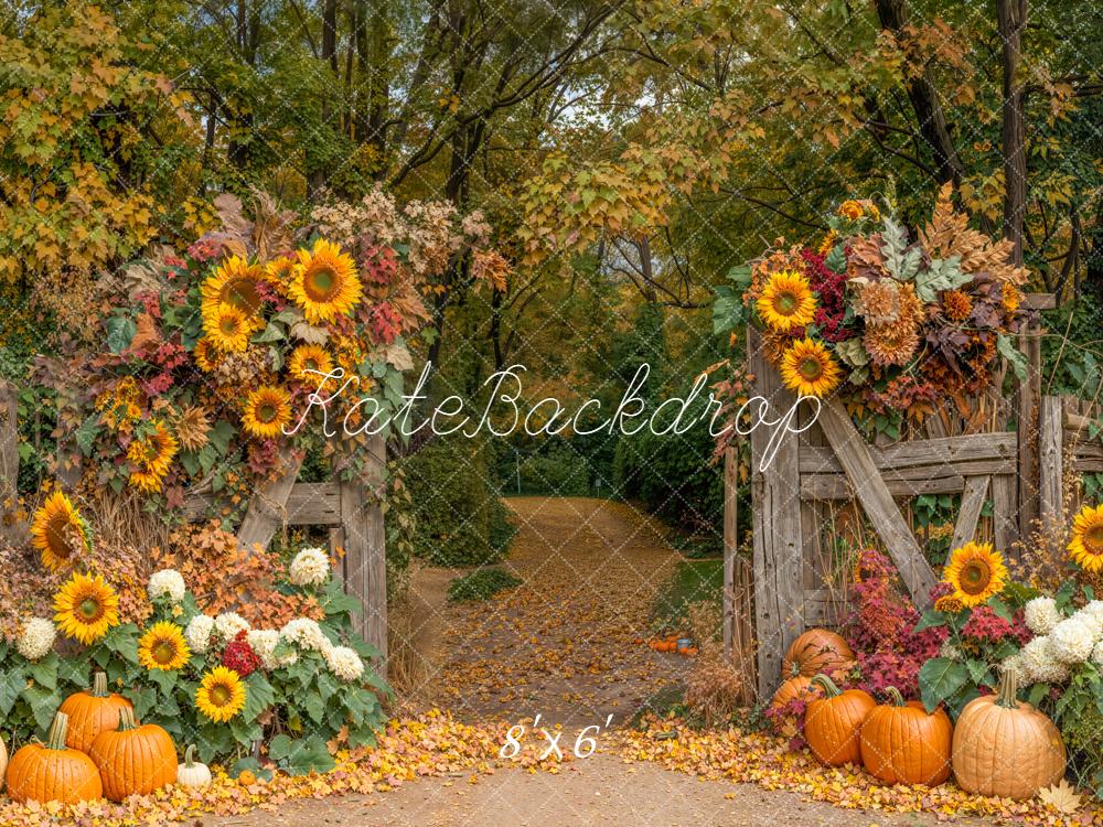 Kate Herbst Sonnenblumen Kürbisse Holztor Hintergrund Entworfen von Emetselch - Kate Backdrop.de