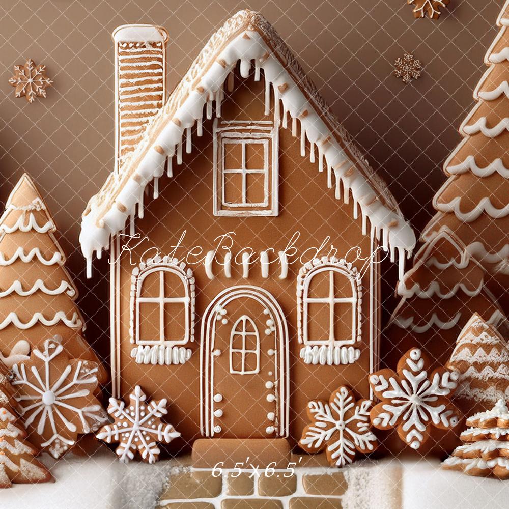 Kate Weihnachten Lebkuchenhaus Tannen Schneeflocken Hintergrund Entworfen von Mandy Ringe