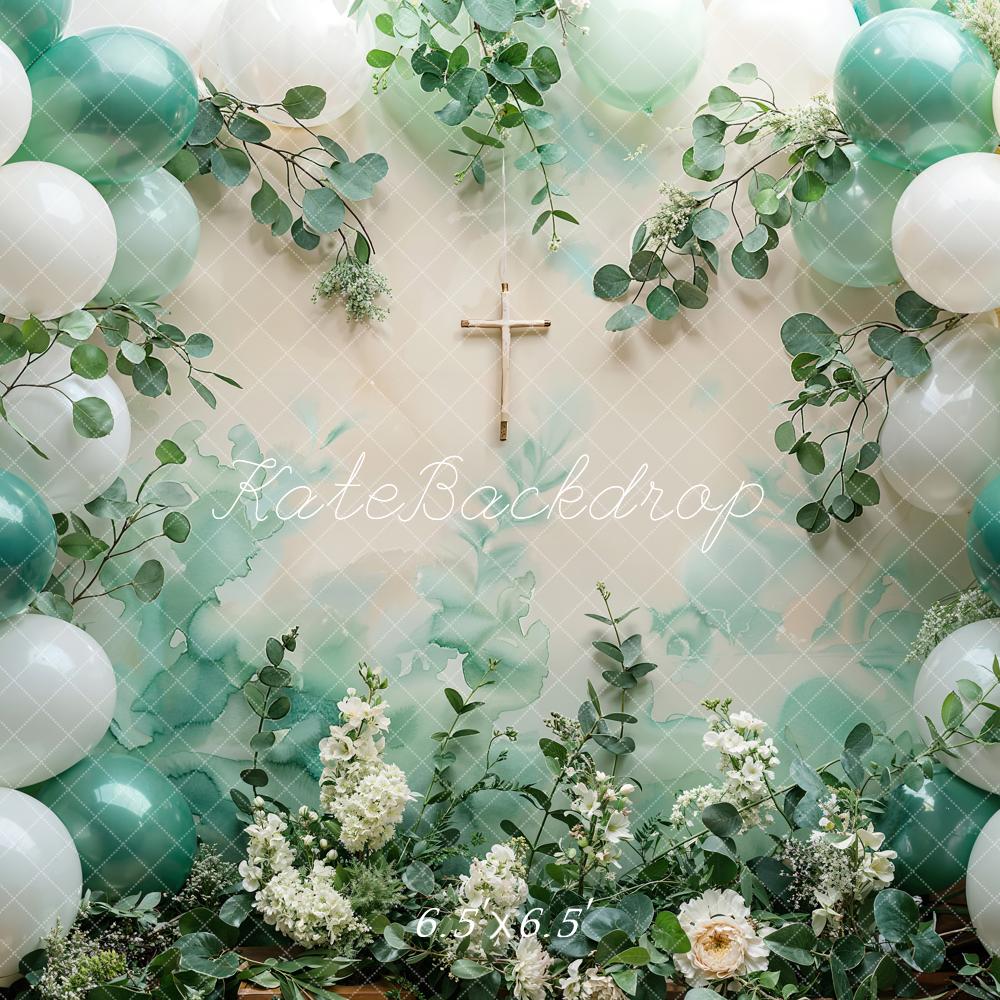 Kate Taufe Ballons Kreuz Grün Hintergrund Entworfen von Emetselch - Kate Backdrop.de
