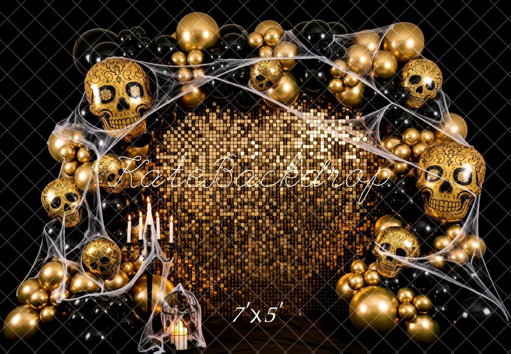 Kate Halloween Totenköpfe Ballons Gold Hintergrund Entworfen von Patty Roberts - Kate Backdrop.de