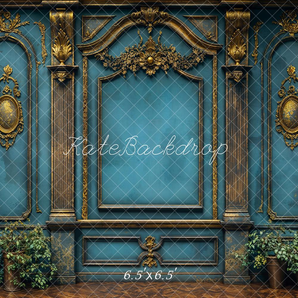 Kate Barock Blaue Wand Goldene Verzierungen Hintergrund Entworfen von Emetselch - Kate Backdrop.de