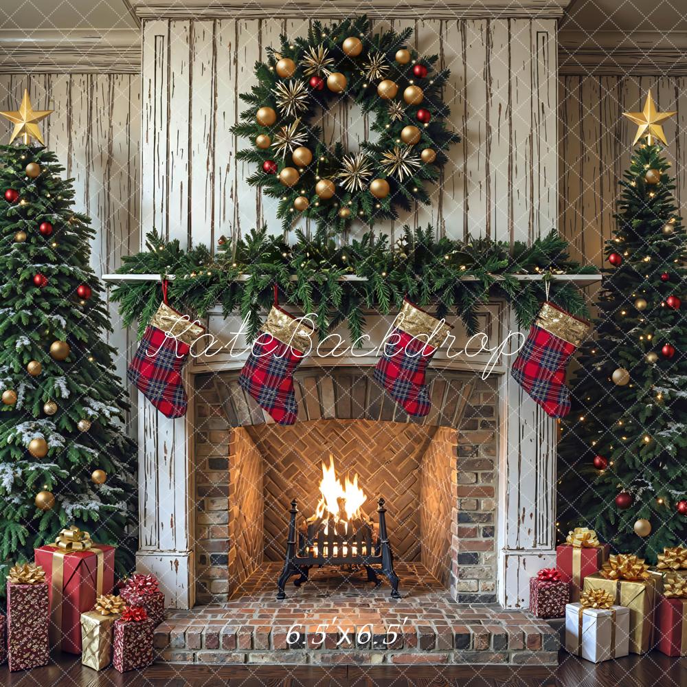 Kate Weihnachten Kamin Weihnachtsbaum Rustikal Hintergrund Entworfen von Mini MakeBelieve - Kate Backdrop.de