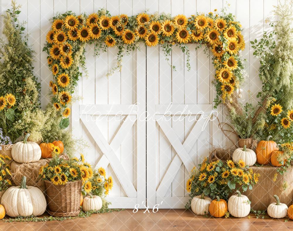 Kate Herbst Sonnenblumen Kürbisse Weiß Fleece Hintergrund Entworfen von Emetselch - Kate Backdrop.de