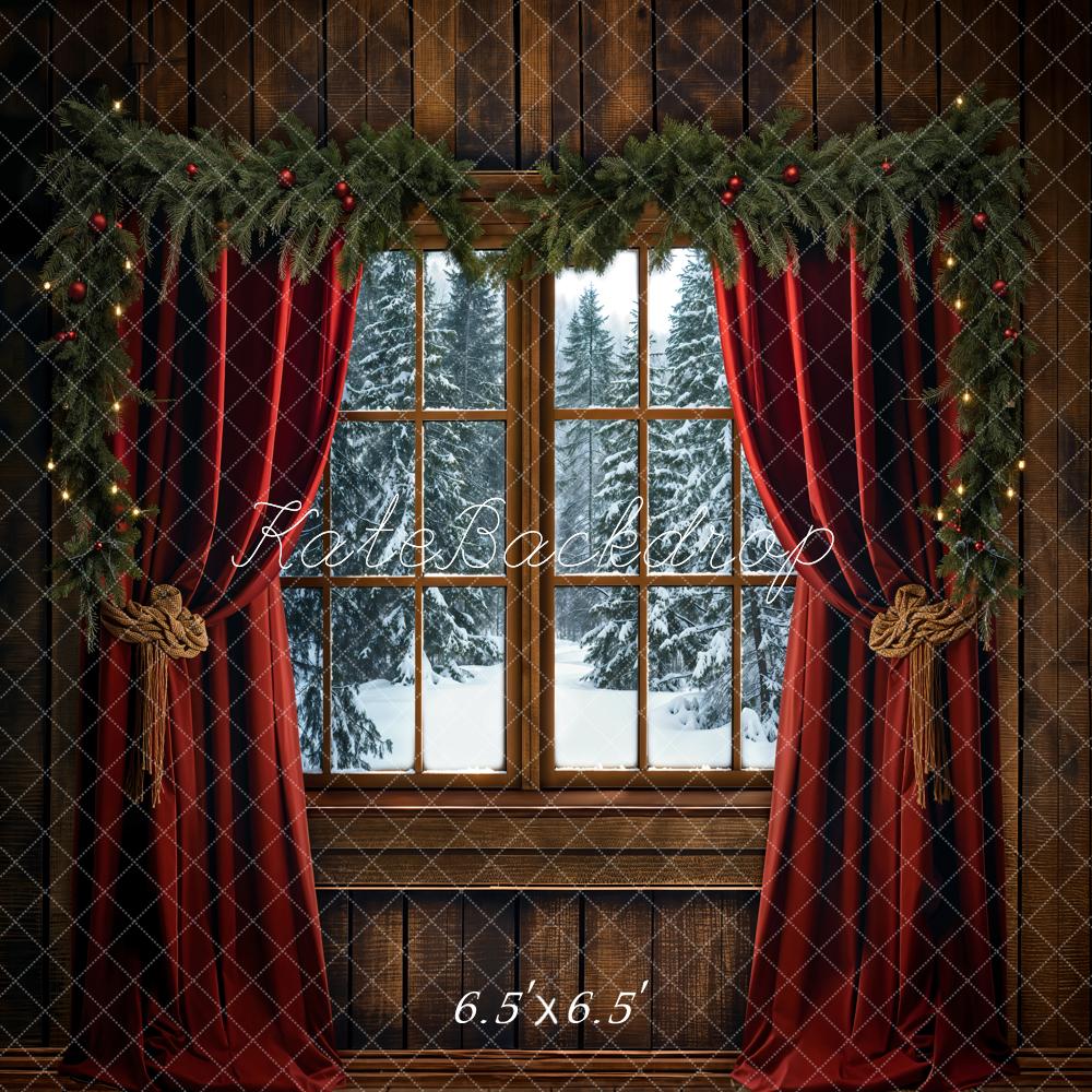 Kate Weihnachten Fenster Rote Vorhänge Holz Hintergrund Entworfen von Emetselch - Kate Backdrop.de