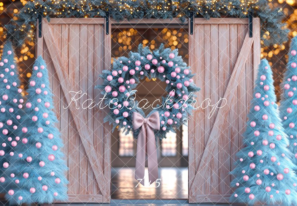 Kate Weihnachten Blaue Tannen Holztür Hintergrund Entworfen von Mini MakeBelieve - Kate Backdrop.de