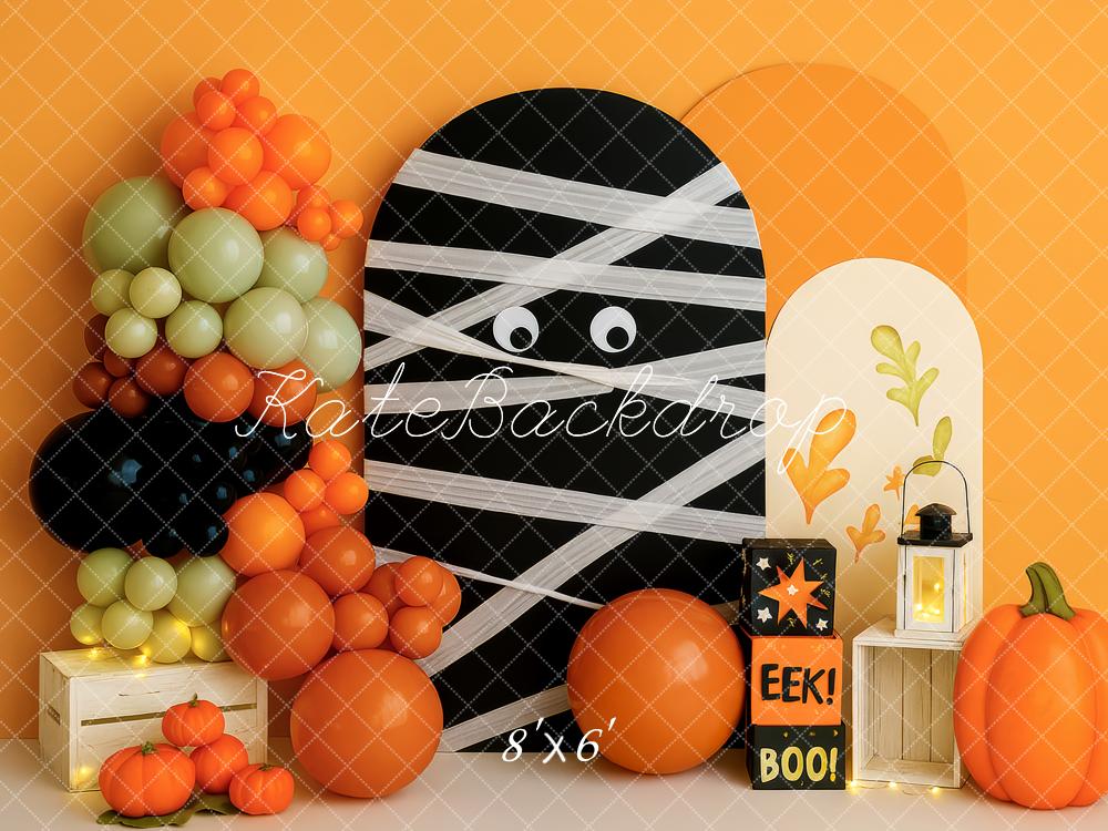 Kate Halloween Mumie Kürbis Ballons Orange Hintergrund Entworfen von Patty Roberts - Kate Backdrop.de