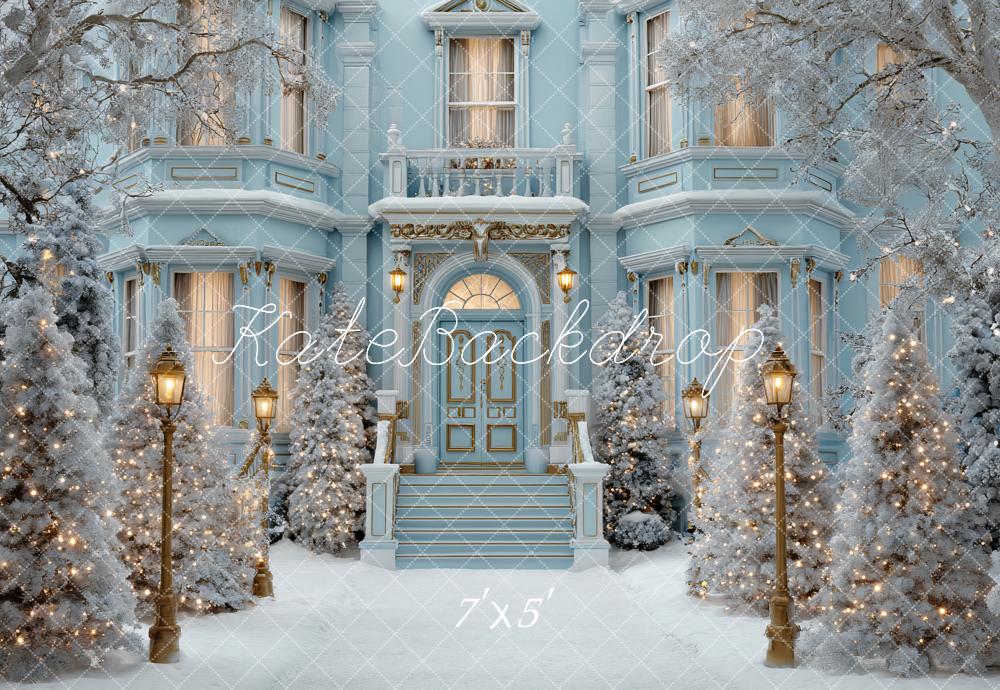Kate Weihnachten Winterhaus Schnee Blau Hintergrund Entworfen von Ashley Paul