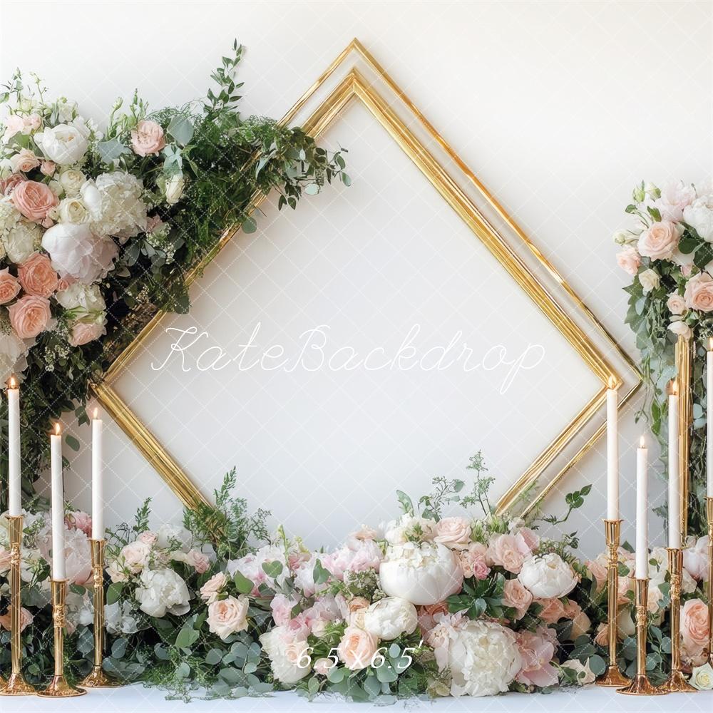 Kate Hochzeit Blumen Kerzen Goldrahmen Hintergrund Entworfen von Mini MakeBelieve - Kate Backdrop.de