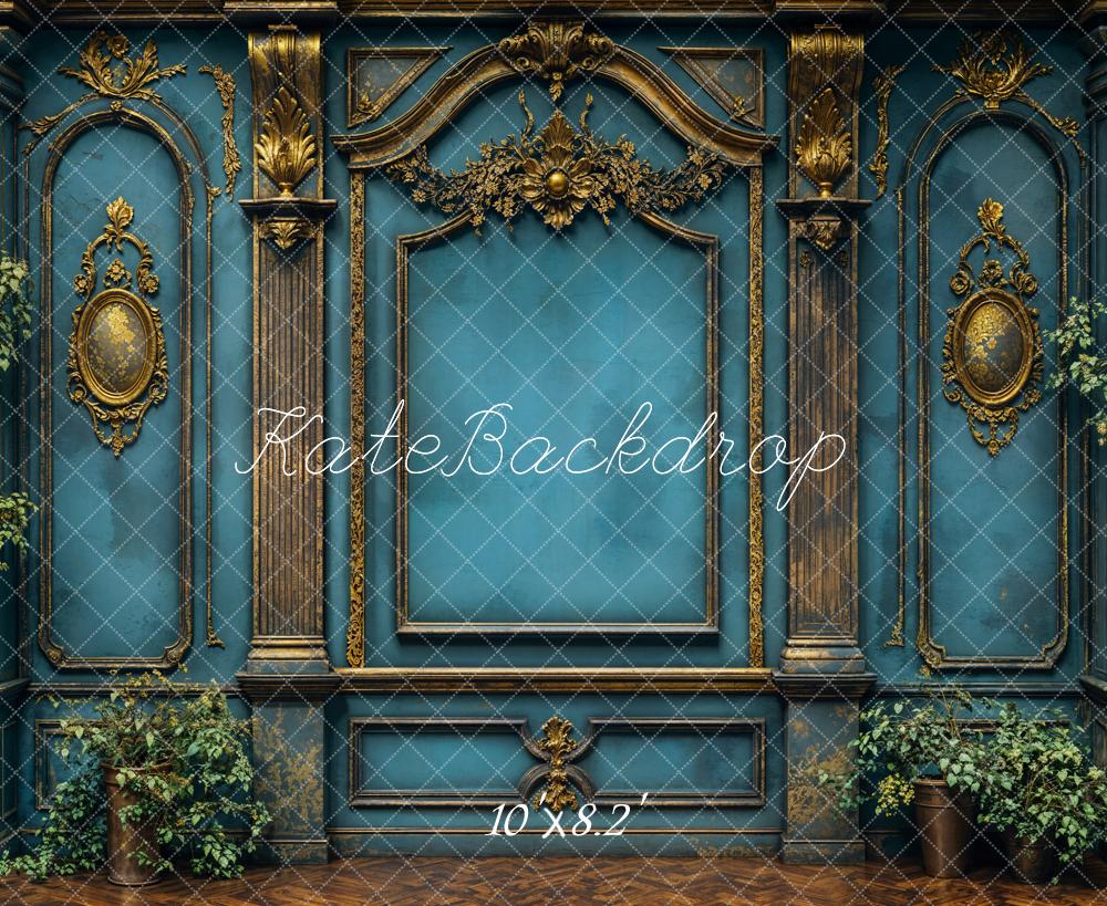 Kate Barock Blaue Wand Goldene Verzierungen Hintergrund Entworfen von Emetselch - Kate Backdrop.de