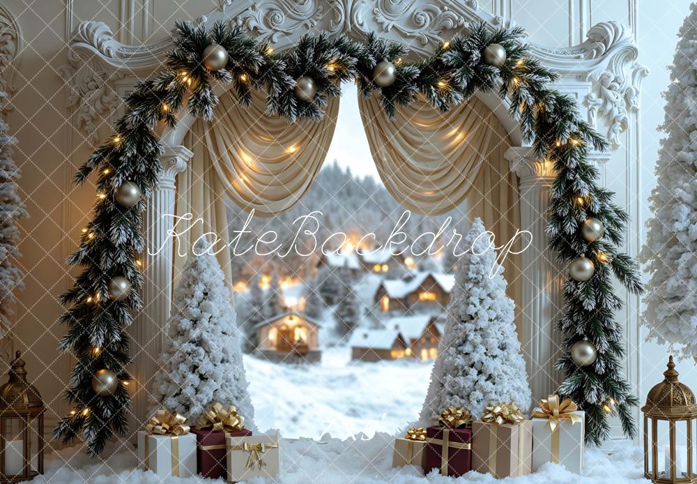 Kate Weihnachten Fenster Winterdorf Weiß Gold Hintergrund Entworfen von Mini MakeBelieve - Kate Backdrop.de