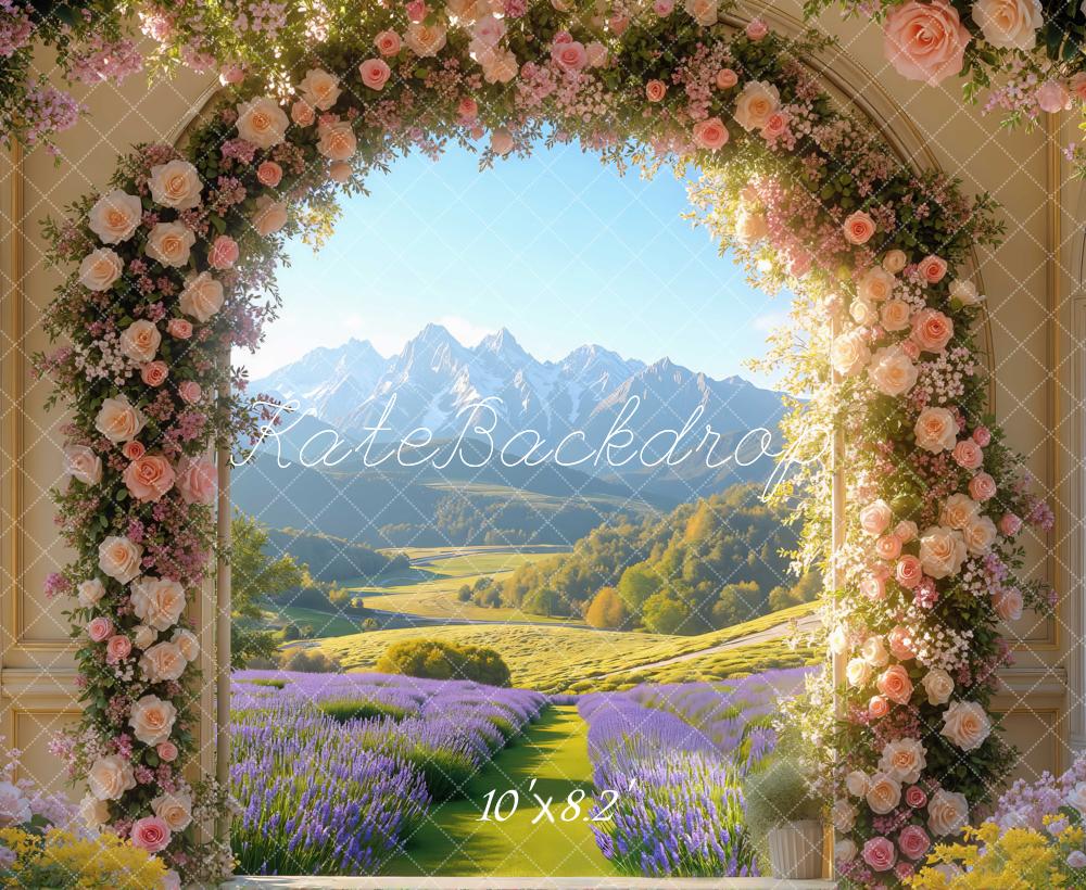 Kate Blumenbogen Lavendelfeld Berge Romantik Hintergrund Entworfen von Mini MakeBelieve - Kate Backdrop.de