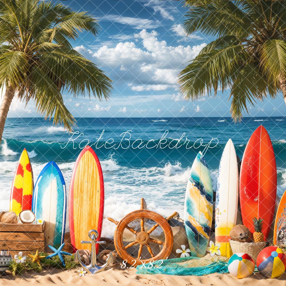 Kate Sommer Surfbretter Palmen Meer Bunt Hintergrund Entworfen von Emetselch - Kate Backdrop.de