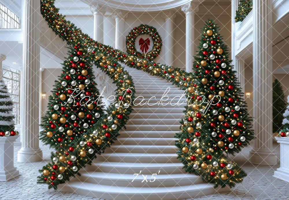 Kate Weihnachten Treppe Girlande Gold Rot Hintergrund Entworfen von Mini MakeBelieve - Kate Backdrop.de
