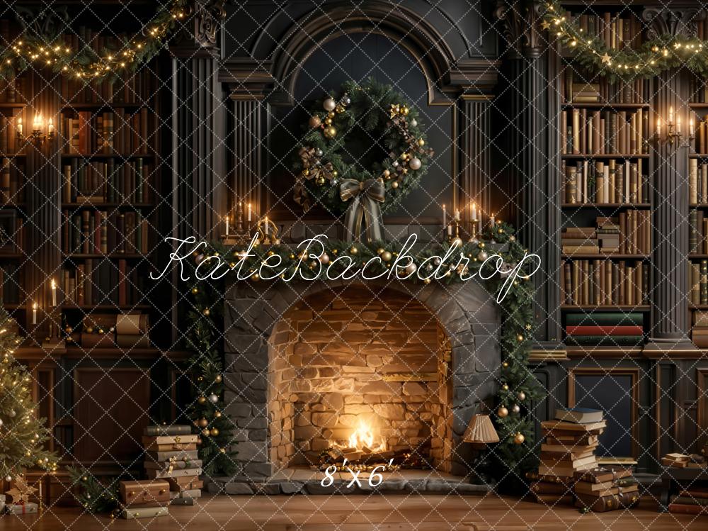 Kate Weihnachten Kamin Bücherregal Gemütlich Fleece Hintergrund Entworfen von Emetselch - Kate Backdrop.de