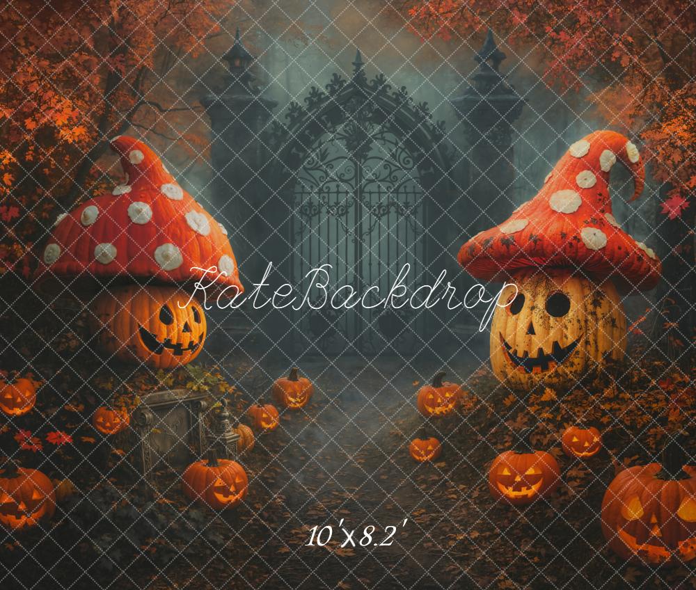 Kate Halloween Kürbis Pilzhäuser Tor Fleece Hintergrund Entworfen von Chain - Kate Backdrop.de