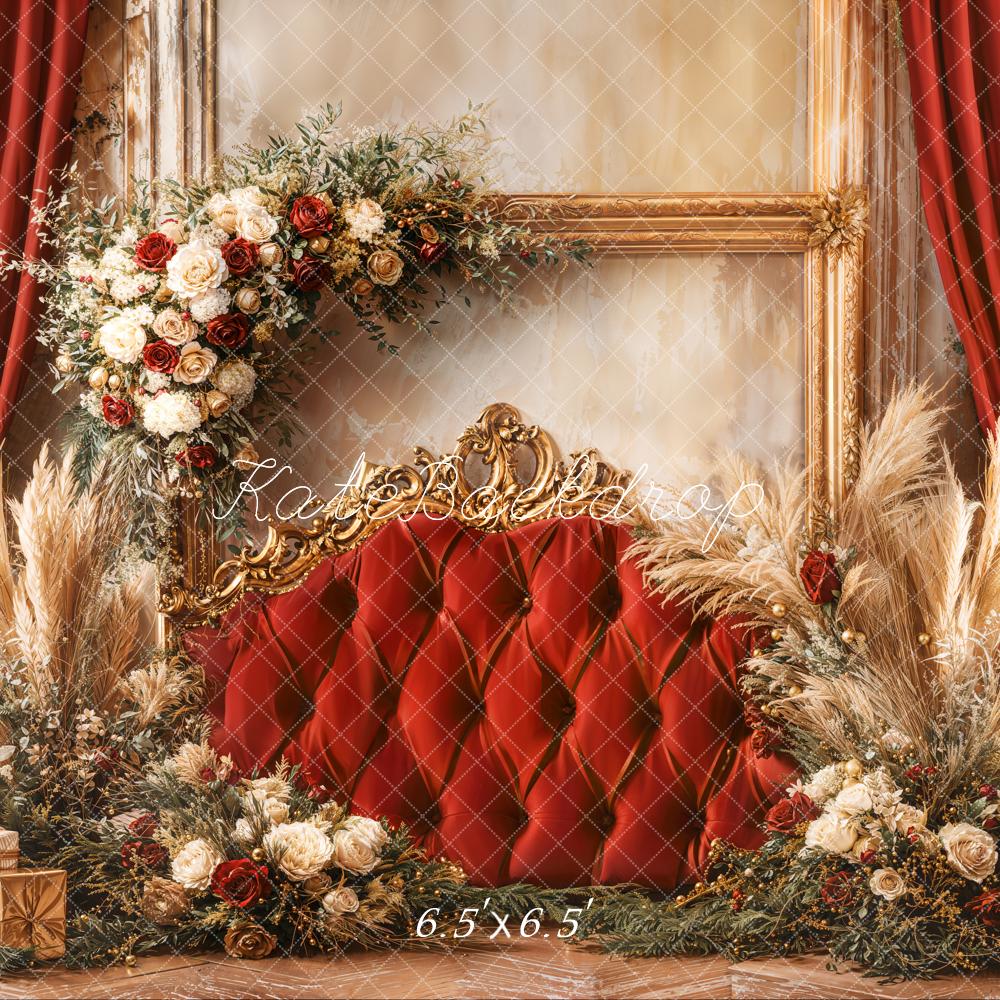 Kate Weihnachten Goldrahmen Rote Vorhänge Blumen Hintergrund Entworfen von Emetselch - Kate Backdrop.de
