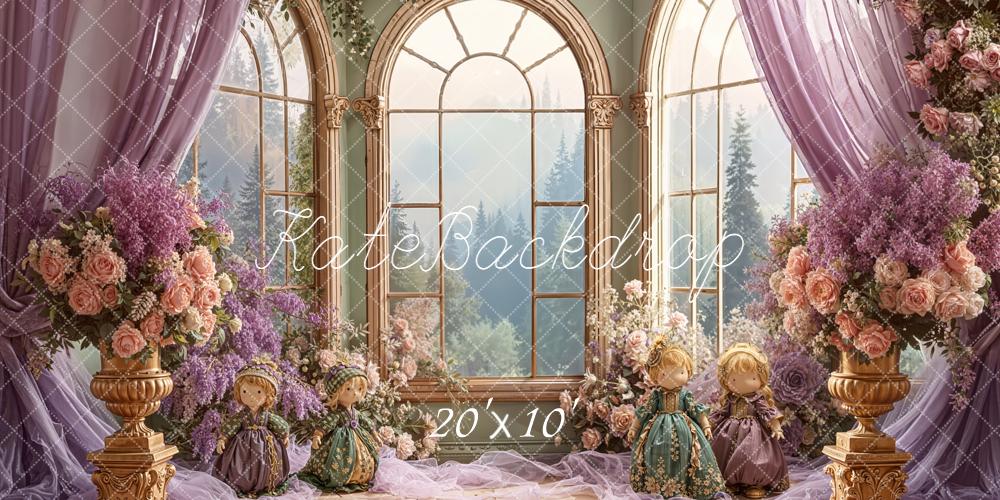 Kate Kinder Puppen Fenster Blumen Lila Hintergrund Entworfen von Emetselch - Kate Backdrop.de