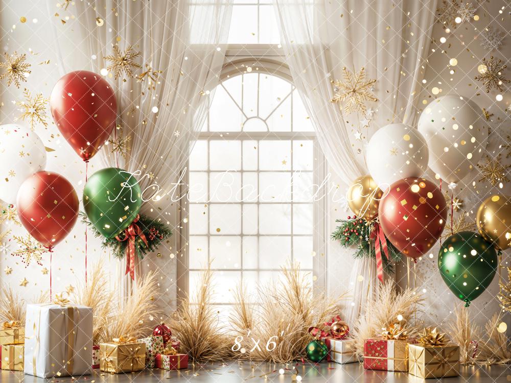 Kate Weihnachten Ballons Geschenke Fenster Fleece Hintergrund Entworfen von Emetselch - Kate Backdrop.de