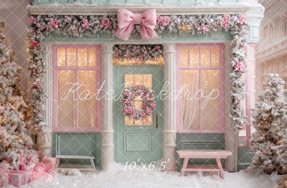 Kate Weihnachten Pastell Geschäft Fassade Rosa Hintergrund Entworfen von Ashley Paul