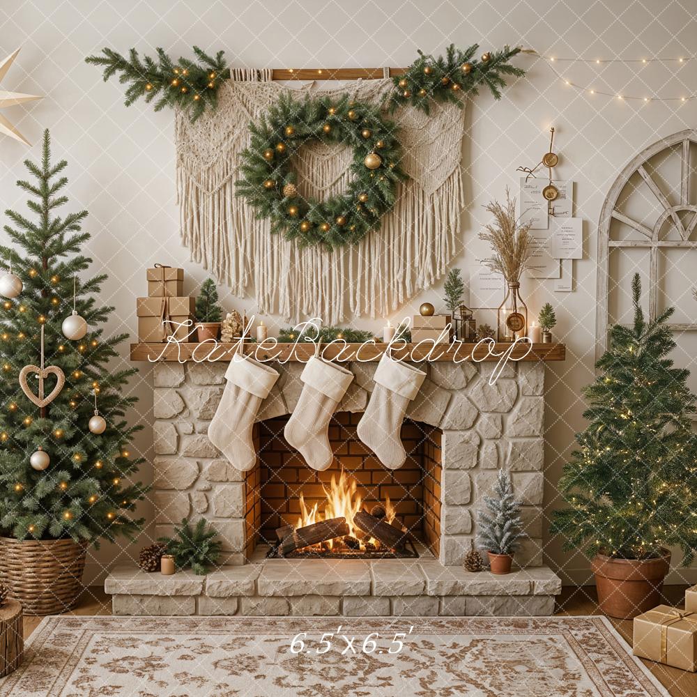 Kate Weihnachten Kamin Tannenbäume Gemütlich Hintergrund Entworfen von Ashley Paul - Kate Backdrop.de
